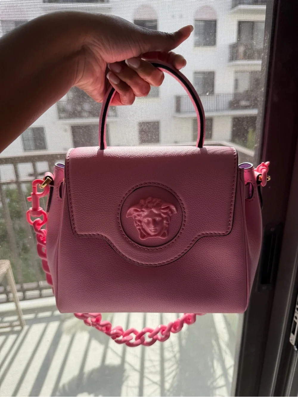 Versace Pink Leather Top-Handle Satchel with Chain Strap
